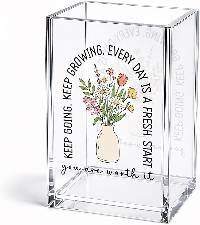 Funny Keep Going Keep Growing Acrylic Pencil Holder Cup | Floral Motivational Pen Holder, Inspirational Gifts for Women Girls, Positive Encouragement Gifts for Friends Coworkers Her
