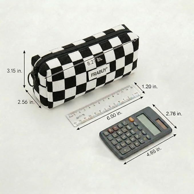 Soft Corduroy Pencil Case Pen Pouch Organizer, Small Stationery Bag | Cute black checkerboard pencil pouch, smooth zipper, daily cosmetics holder, compact organizer for school teen girls, women