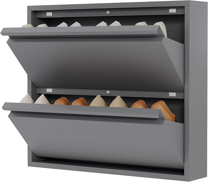 Garvee Slim Metal Shoe Cabinet with 2 Flip Drawers, Narrow Shoe Storage for Entryway, Wall Mounted or Floor Standing, Detachable Bottom Corners for Flexible Placement, Anti-Tip Safety Wall Mount