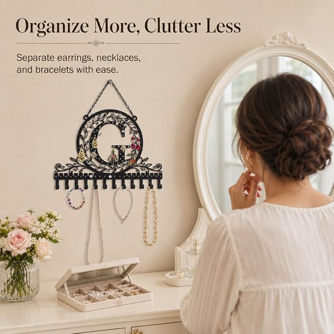 Personalized Wall Mounted Metal Initial Letter G Earring Holder Jewelry Organizer for Earrings and Necklaces Space Saving Wall Display with Hooks Jewelry Storage Bedroom Vanity Gift for Women