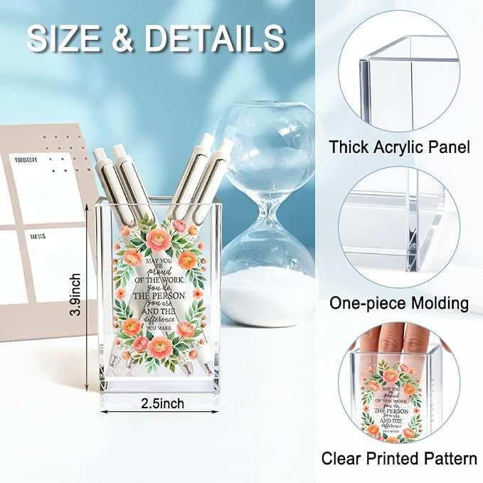 May You Be Proud Of The Work You Do Acrylic Pencil Holder Cup, Farewell Retirement Goodbye Gifts for Women, Appreciation Floral Pen Holder for Coworker Teacher Girls, Makeup Brushes Organizer