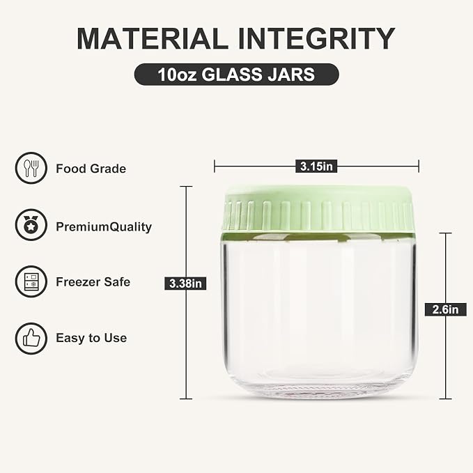 SHOWIN Overnight Oats Containers with Lids, 10oz Glass Jars with Lids 4 pcs, Light Green, Wide Mouth Mason jars for Salad, Yogurt, Snacks, Meal Prep