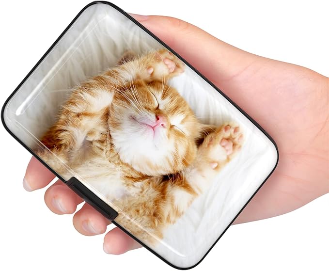 Credit Card Holder Wallet, Small RFID Metal Wallet Credit Cards Holder Pocket Business Card ID Case for Women Men, Cute Cat