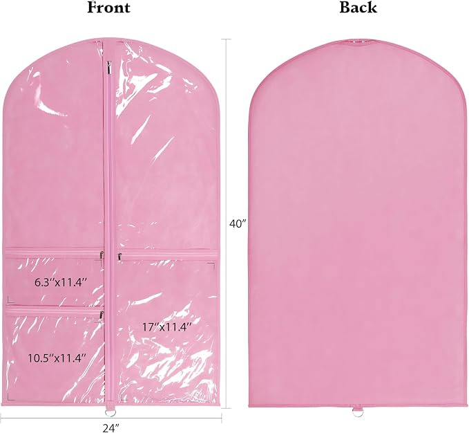 Univivi Dance Costume Bags Garment Bag 40 Inch Hanging Clothes for Dance Competitions, with 3 Medium Clear Zipper Pockets for Dance Costumes, Closet Storage (Pink) - 12 Pack