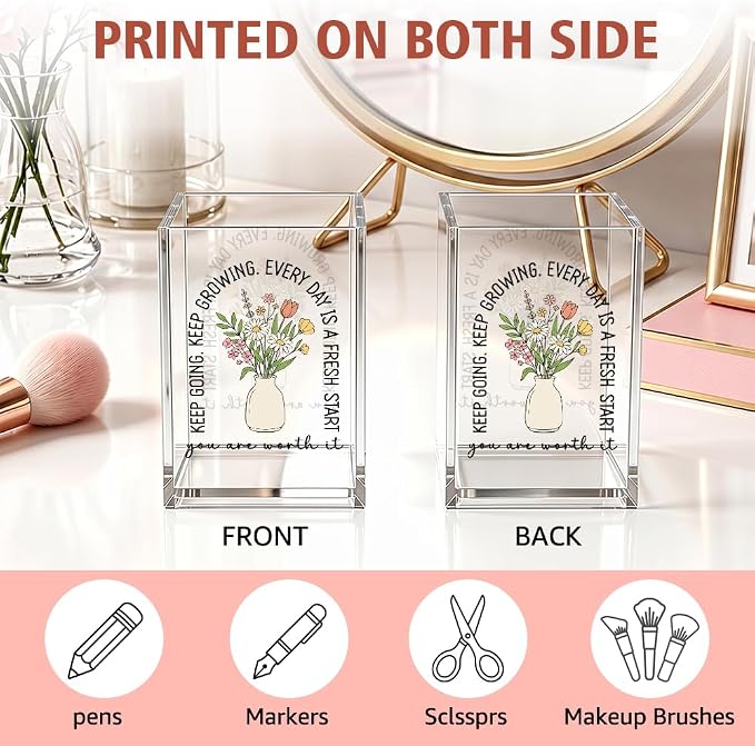 Funny Keep Going Keep Growing Acrylic Pencil Holder Cup | Floral Motivational Pen Holder, Inspirational Gifts for Women Girls, Positive Encouragement Gifts for Friends Coworkers Her