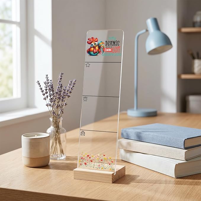 Sticky Note Holder, Monitor Memo Board, Acrylic Post It Note Holder with Wooden Base, Includes 200 Notes, Desk Organizer, Funny Rooster Quote “in My Defense I was Left Unsupervised”