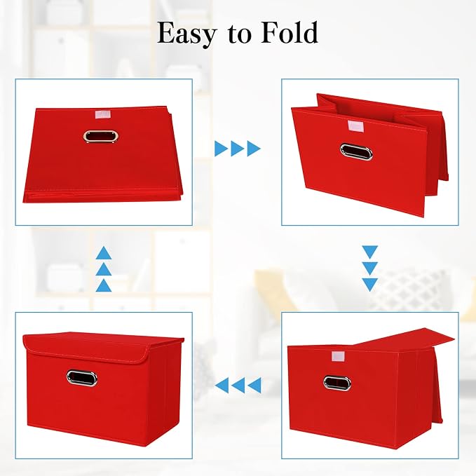 STOREONE Fabric Storage Cube Bins Foldable Organizer Container Collapsible Basket with Lids and Metal Handles, for Home, Bedroom, Closet 6 Pcs (Red)