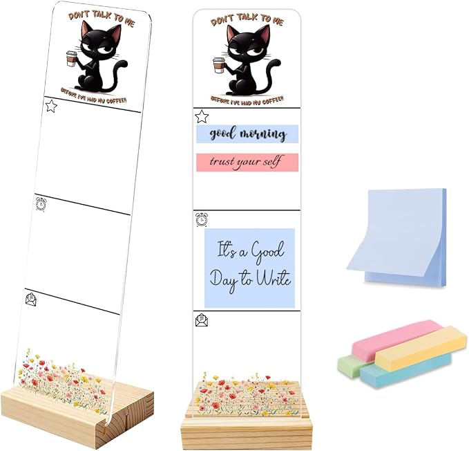 Sticky Note Holder, Monitor Memo Board, Acrylic Post It Note Holder with Wooden Base, Includes 200 Notes, Desk Organizer, Funny Black Cat Quote “Don’t Talk to Me Before Coffee”