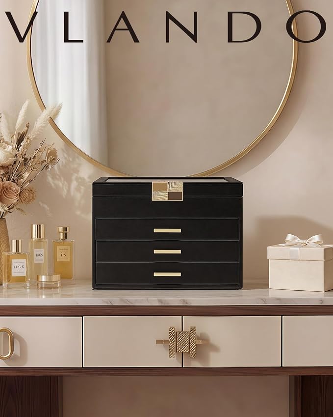 VLANDO Jewelry Box Organizer for Women, 4-Layer Jewelry Storage Case with Glass Lid, Gold Handle, 3 Drawers for Rings, Earrings, Necklaces and Bracelets - Black