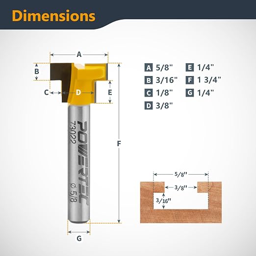 POWERTEC T Slot Router Bits 1/4 Shank, Carbide Tipped T Track and Slatwall Router Bit, Router T Bit, Wood Groove Milling Cutter, Forming Woodworking Tool, 5/8" Dia. x 3/16" Height - 2PK, 73022-P2