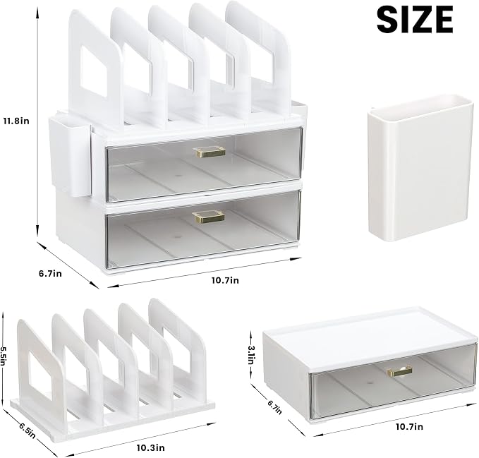 LALOBLUE Acrylic Desk Organizer with Drawer and Vertical File Holder, Desk Organizers and Accessories, Multi-Functional Office Supplies Organizer for Home or Work Desk, White