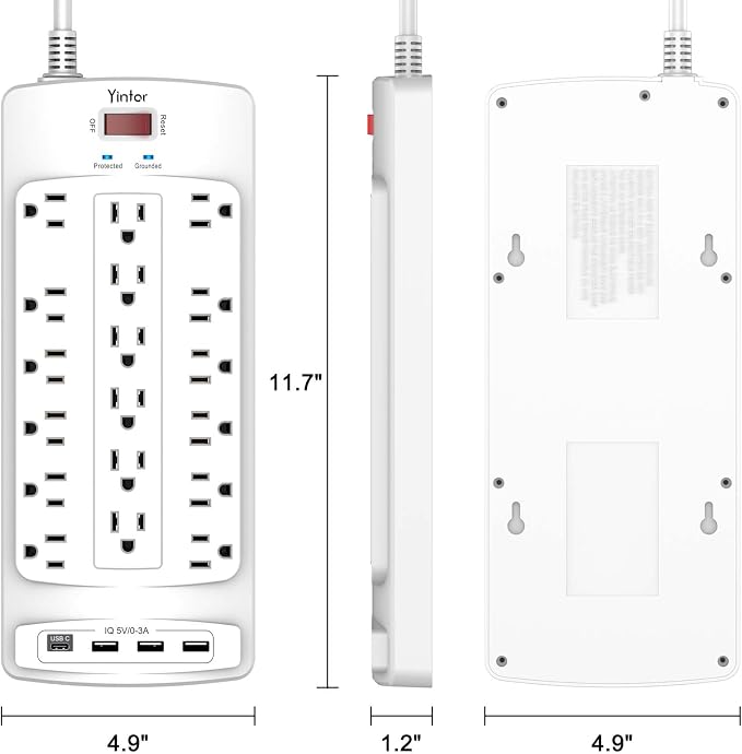 Surge Protector Power Strip, Yintar 6 Feet Flat Plug Heavy Duty Extension Cord with 18 Widely Outlets and 4 USB Ports, 2100 Joules, ETL Listed, White