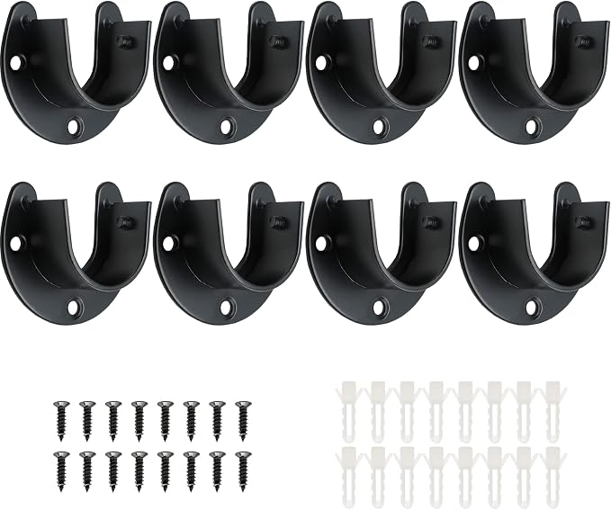 8 Packs Stainless Steel Closet Rod End Supports, 1-1/3 Inch, Black | Wardrobe Bracket, Heavy Duty, U-Shaped with Screws, Closet Pole Sockets Flange Rod Holder