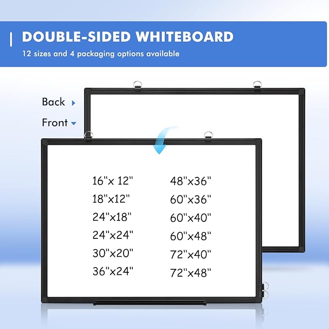 Double-Sided White Board Black Aluminium Frame, 36" x 24" Dry Erase Board Magnetic Whiteboard for Wall, Hanging Mounted Whiteboard Home, School, Office, Kitchen
