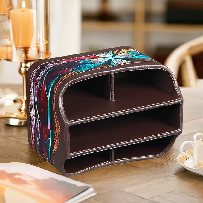 360° Rotating Remote Control Holder, PU Leather TV Remote Caddy, Pen Holder | Nightstand Organizer Storage Box with 5 Compartments for Pencil, Art Supplies, Makeup Brush, Office Desk Table Accessories