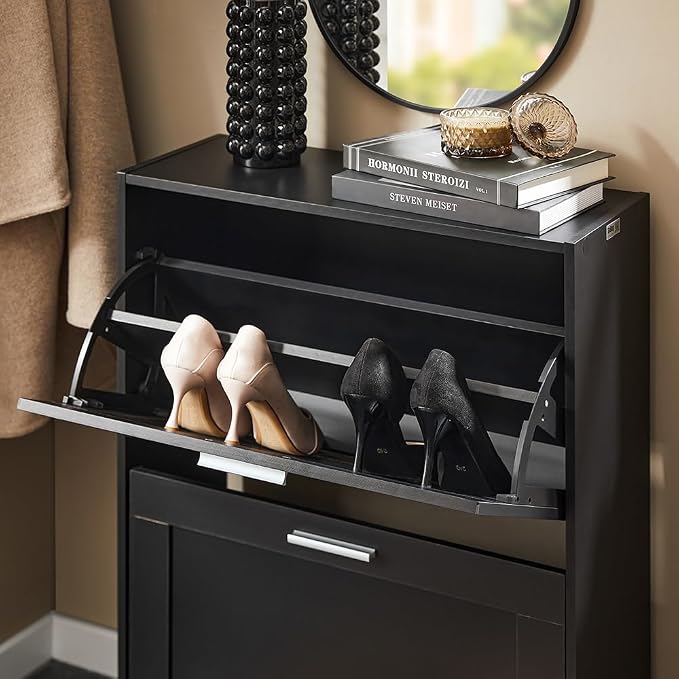 Haotian Shoe Cabinet Storage for Entryway | Narrow Shoe Cabinet with Two Flip Drawers to Save Space, Shoe Rack Cabinet for Front Door Entrance Hallway (Black)