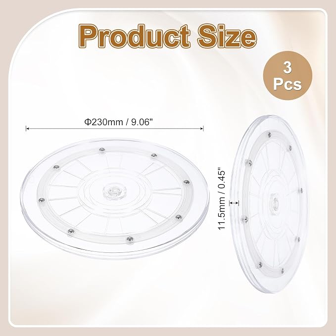 uxcell 3Pack Acrylic Lazy Susan Turntable, 9" Spinner Lazy Susan Turntable Organizer, Acrylic Ball Bearing Rotating Tray for Pantry Spice Rack Decorating, Clear