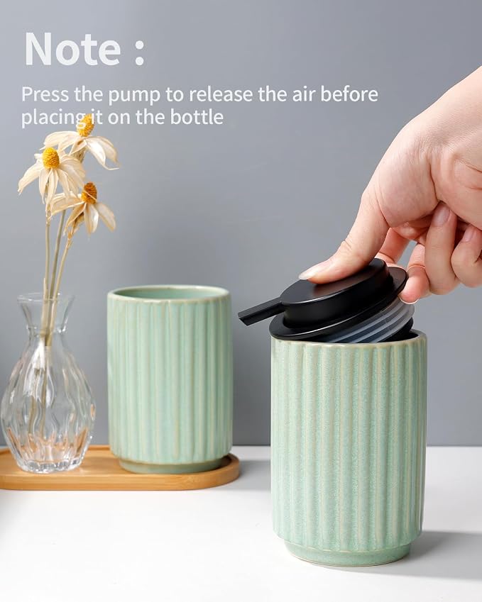 Soap Dispenser, Green Ceramic Refillable Liquid Hand Soap Pump for Bathroom Kitchen, 10.5OZ Lotion Dispenser, Dish Soap Dispenser, Modern Stripe Design, ANTIS'S HOME