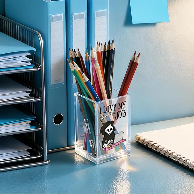 I Love My Job Acrylic Makeup Brush Pencil Holder Cup, Funny Grim Reaper Pen Holder For Friends HR Nurse, Office Sarcastic Gifts for Women Coworker Employees, Gag Gifts for Office Desk