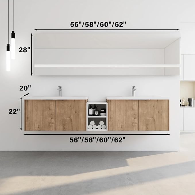 58IN Bathroom Vanity with Double Sink, Modern Solid Wood Floating Bathroom Sink Cabinet, Anti-Fog Mirror, Smart Storage Solutions, Waterproof Design, Open Shelving for Easy Access