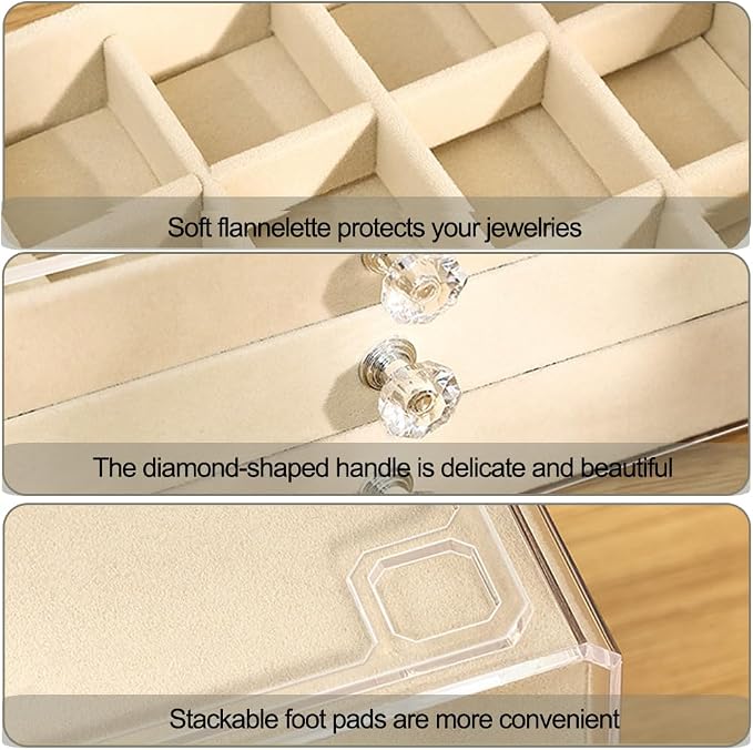 SPAKOWN Earring Box Holder Organizer Display Case | Clear Velvet Jewelry Storage Tray Organizer for Earring Ring Stud (Beige - 3 Drawers)