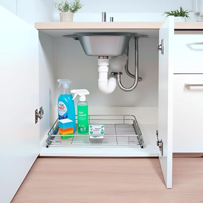 JOWBOOW Cabinet Pull Out Shelves (14" W x 21" D), Heavy-Duty Pull Out Shelves for Kitchen Cabinets, Chrome-Plated Steel Slide Out Shelf