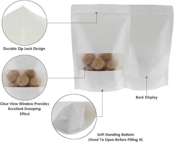 Kraft Paper Zipper Pouches,ULIFESTAR Kraft Stand Up Zip Lock Pouch Bags,100PCS Resealable Bag with Transparent Window and Tear Notch Resealable Bag for Small Business HomeUse,7.9"*11.8"(20*30cm+5cm)