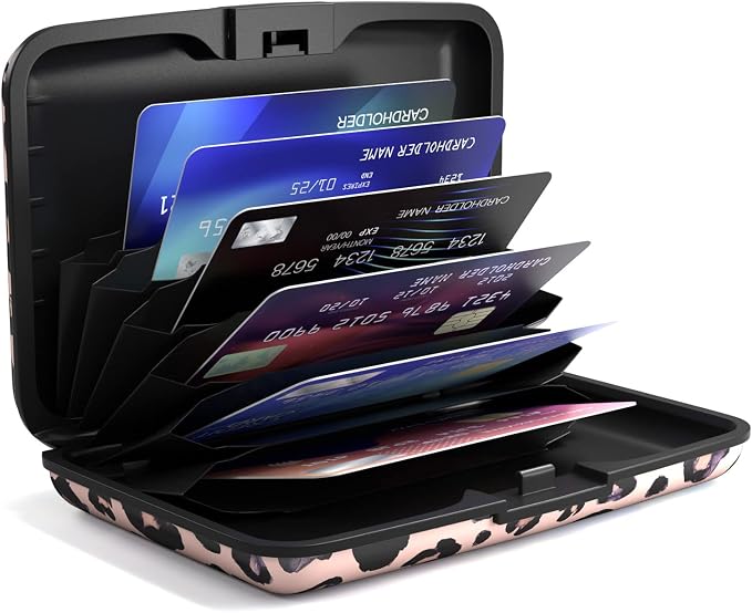 Credit Card Holder for Women, Mini RFID Metal Wallet Credit Cards Holder Cute Pocket Business Card ID Case, Pink Leopard