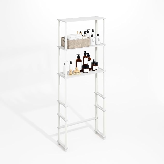 Furinno Turn-N-Tube Over The Toilet Storage, 3-Shelf Over The Toilet Organizer, Freestanding Space Saver Bathroom Shelf, for Bathroom Organizers and Storage, Plain White