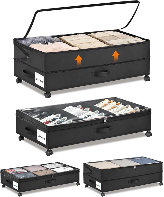 Under Bed Storage w/Wheels,70L Under Bed Containers,2 Pack-Black | 11.5 Inch Under Bed Storage Containers,70L Large Adjustable Underbed w/ Lids,Rolling Underbed Storage Bins for Shoes,Clothes