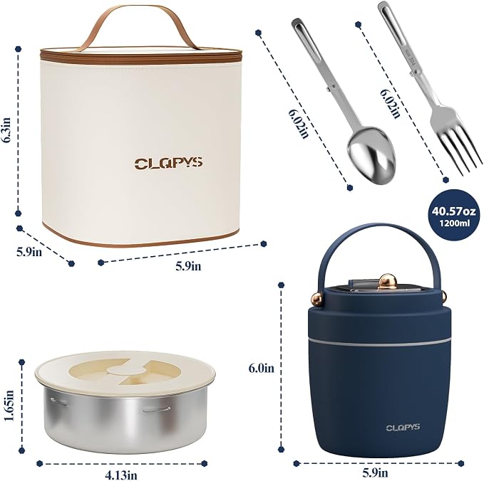 40oz Stainless Steel Vacuum Insulated Food Jar for Adults Wide Mouth Lunch Container with Spoon Fork and Carrying Bag Leak-Proof Soup Thermo Bento Box for Hot Food and Cold Food | Office, Travel Blue