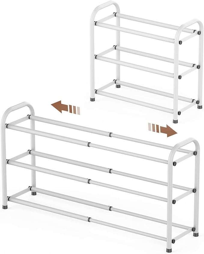 Gonfoam Expandable 3-Tier Shoe Rack for Closet and Entryway, White | Tool-Free Assembly, Metal Material, Adjustable Shoe Organizer, Sturdy, Small Space Solution, Dorms, Garages, Apartments.