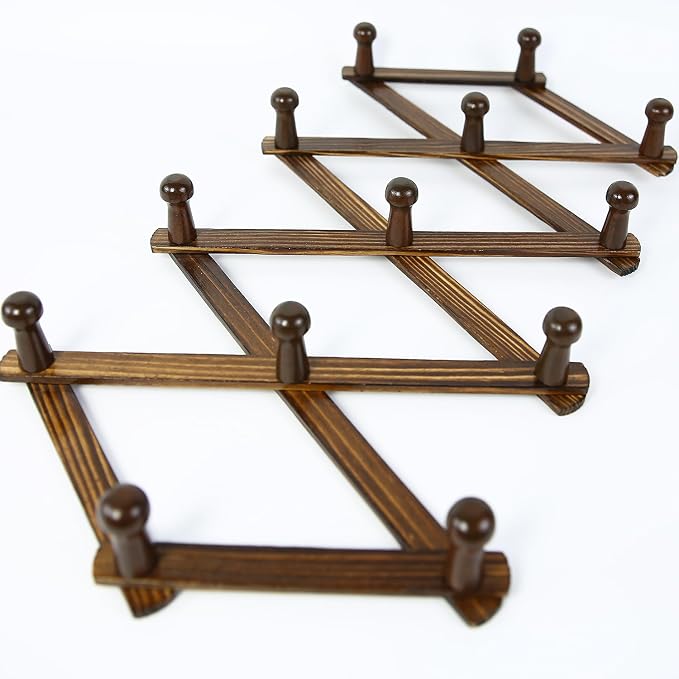AMAPON Accordion Style Expandable Wall Wooden Coat Rack 13 Hooks (Pegs) Hang Hats Jackets Coffee Mug Purses Necklaces Towels Cap Leash Scarves Data Line Kitchenware (Walnut 2 Packs)