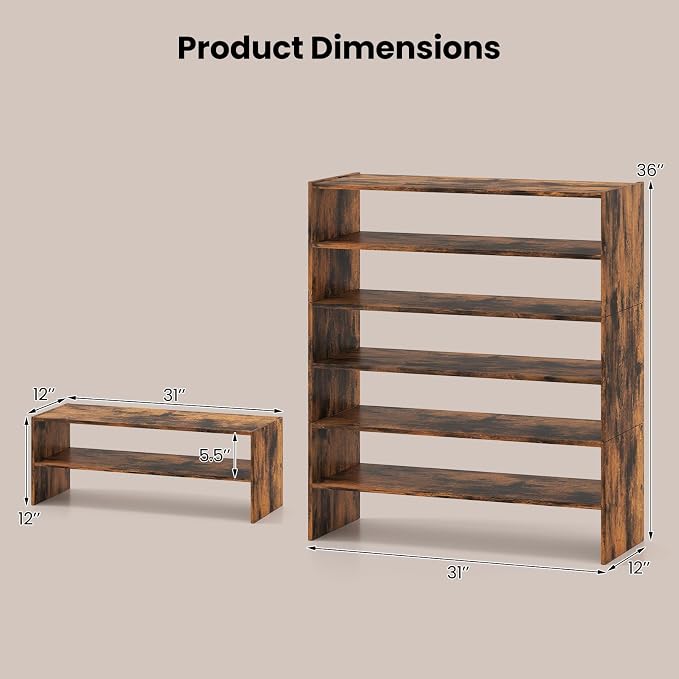 COSTWAY 6-Tier Shoe Rack, Extra Wide Shoe Shelf Organizer with Stackable Design, 31" Freestanding Adjustable Storage Shoe Stand for Small Space Entryway Hallway Closet (1,Rustic Brown)