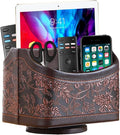 360° Rotating Remote Control Holder, PU Leather TV Remote Caddy, Pen Holder | Nightstand Organizer Storage Box with 5 Compartments for Pencil, Art Supplies, Makeup Brush, Office Desk Table Accessories