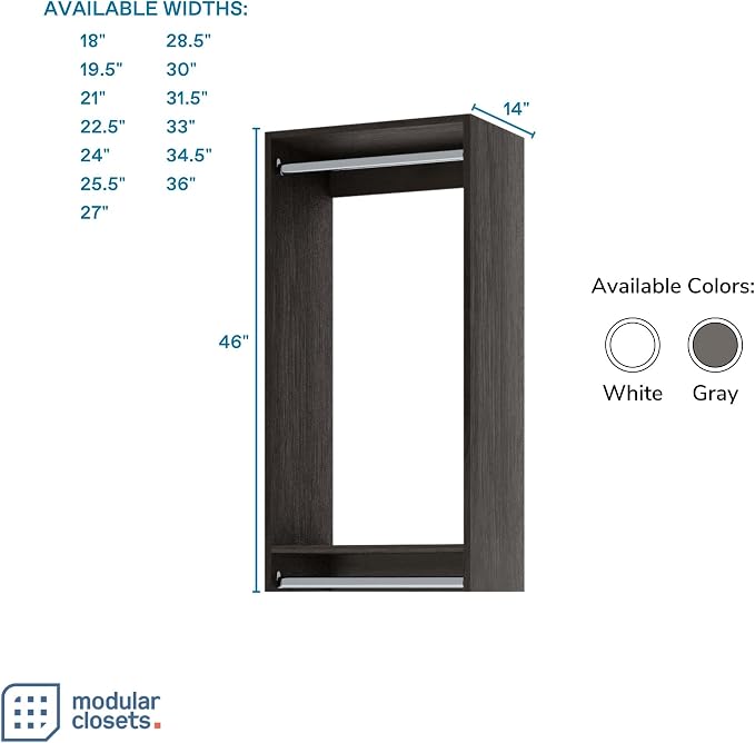 Modular Closets Vista Collection Double Hanging Wood Closet Organizer Unit (Grey, 21" Wide)