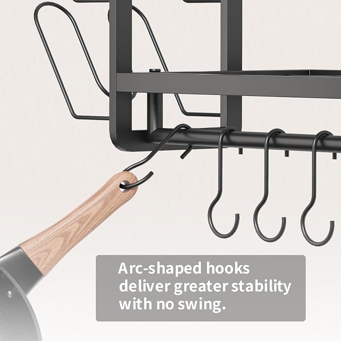 30"Pot Rack Wall Mounted with 6 Pot Lid Holders,12 Hooks for Hanging Pans | 2 tier black heavy duty metal shelves for pots and pans organizer,200lbs capcity, space saving for apartment, neat countertop