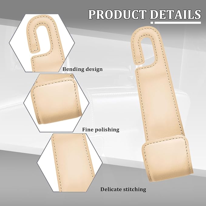 Osilly 2PCS Car Seat Headrest Hook, Leather Stylish Vehicle Backseat Hanger Organizer for Purse Handbag Umbrella, Automotive Seat Back Hanging Storage Holder Hook, Universal for Vehicles (Beige)