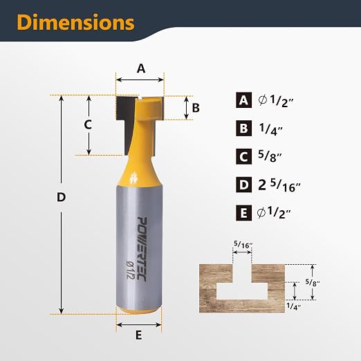 POWERTEC T Track Router Bit, Tungsten Carbide Tipped Router Bit, 1/2" Shank, 1/2" Dia., Slatwall for Picture Frames, T Track Accessories, Compatible with 1/4" T Bolts (73067)