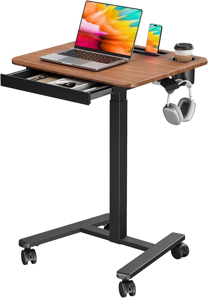 Small Mobile Standing Desk with Drawer, 23.6" x 19.7" Top | Height Adjustable Portable Laptop Desk with Wheels & Cup Holder, Sit Stand Computer Workstation for Compact Space, Dark Wood