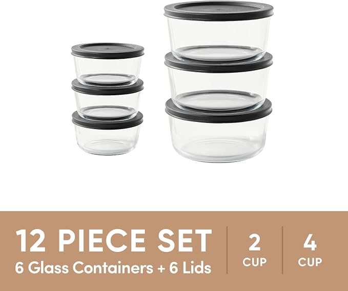 12-Piece Glass Food Storage Containers Set (6 Containers + 6 BPA-Free Lids) | 2-Cup & 4-Cup, Leakproof | Microwave, Freezer, Oven & Dishwasher Safe | Ideal for Meal Prep & Pantry Organization, Black