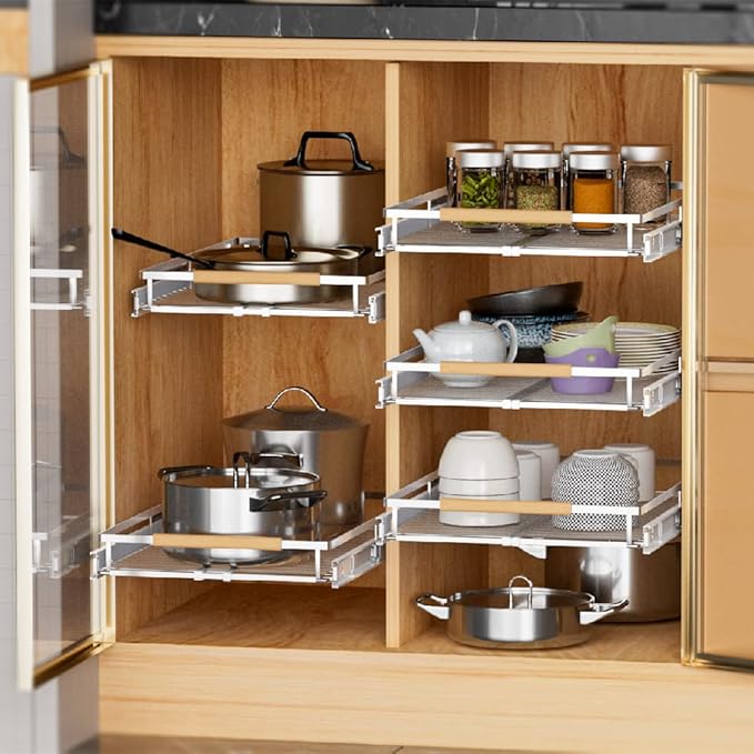 Pull Out Cabinet Drawer Organizer, Heavy Duty Slide Out Pantry Shelves Sliding Drawer Storage for Bathroom, Home, Kitchen, 2 Pack Chrome 22''Deep