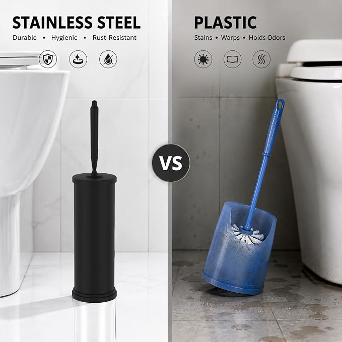 Stainless Steel Toilet Brush and Holder Set : Weighted Stable Base, Removable Inner Tube.Long Handle Toilet Bowl Brush Splash-Proof Design for Deep Cleaning & Space-Saving Storage,Black