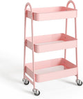 NEWBULIG 3-Tier Metal Rolling Cart with Lockable Wheels, Heavy Duty Mobile Utility Storage Shelf, Roller Book Snack Cart, Organization for Livingroom, Bathroom, Office, Pink