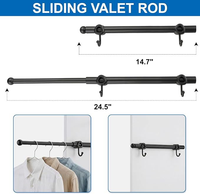 Valet Rod for Closet Pull Out with Hooks, Easy To Install (Black, 14 Inch)