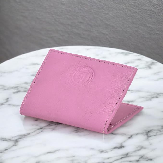 Leatherboss Slim Thin Leather Credit Card Id Mini Wallet Holder Bifold Driver's License Safe (Pink)