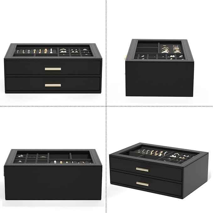 AKOZLIN Jewelry Box with Clear Lid Functional Leather Jewelry Storage Organizer Case 2 Drawers for Women Girls Necklace Ring Bracelet Earring