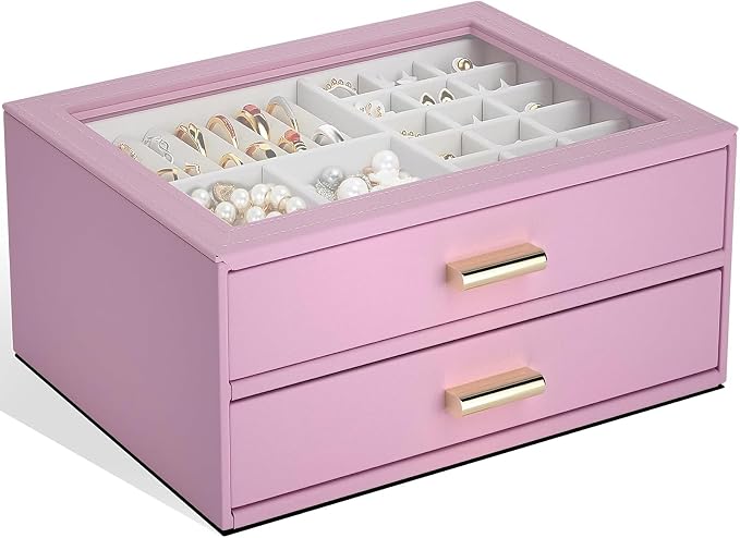 AKOZLIN Jewelry Box with Clear Lid Functional Leather Jewelry Storage Organizer Case 2 Drawers for Women Girls Necklace Ring Bracelet Earring