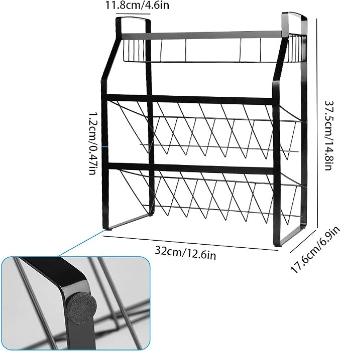 Tomorotec 3-Tier Spice Rack, Metal Kitchen Counter Shelf Organizer, Black | Sturdy Steel Frame with Anti-Rust Coating and Non-Slip Pads for Spices, Oils, Liquor Bottles and Bathroom Essentials