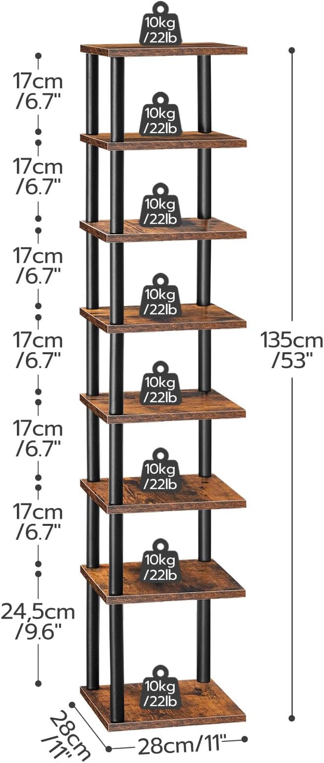 HOOBRO Vertical Shoe Rack, 8-Tier Narrow Shoe Shelf, Shoe Storage Organizer for Small Space, 11" L x 11" W x 53" H, Closet, Entryway, Hallway, Bedroom, Rustic Brown and Black BF22XJ01